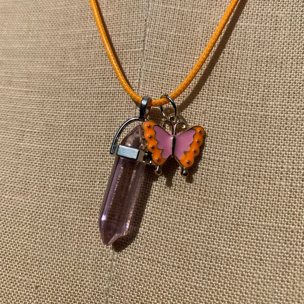 Handmade Dagger Light Pink Resin Crystal Amulet Necklace & Butterfly Charm - Picture 5 of 9